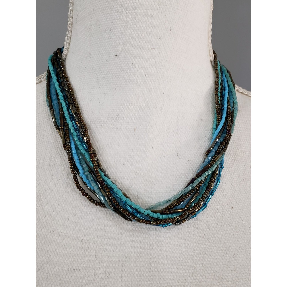 Necklace Multistring Marcasite Glass Bead Magnetic Clasp Boho Blues Beachy Glam